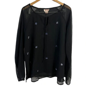 Hot Gossip Blouse 2X Black Sheer Slit Sleeve Blue Sequins Snowflakes Evening Top